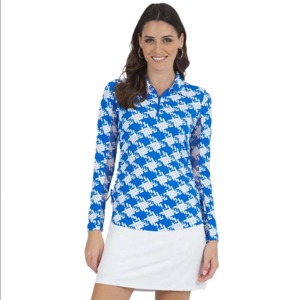 Ibkul Kimberly Print Long Sleeve Polo Quarter Zip in Blue/White Houndstooth